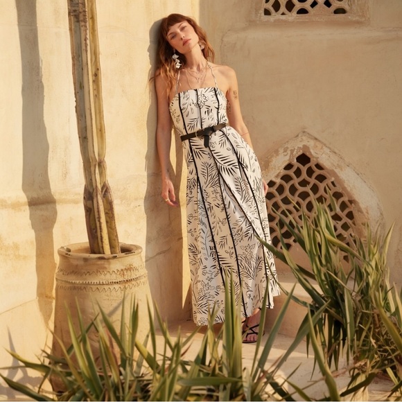Promesa Dresses & Skirts - Botanical Halter Maxi Dress – Black & White Floral Print Resort Style